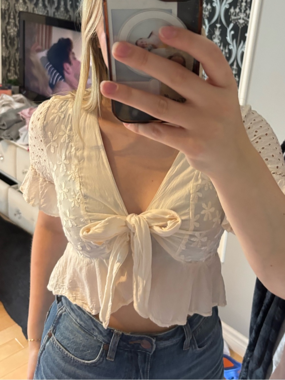 American Eagle Outfitters Cream Tie-Front Embroidered Peplum Blouse